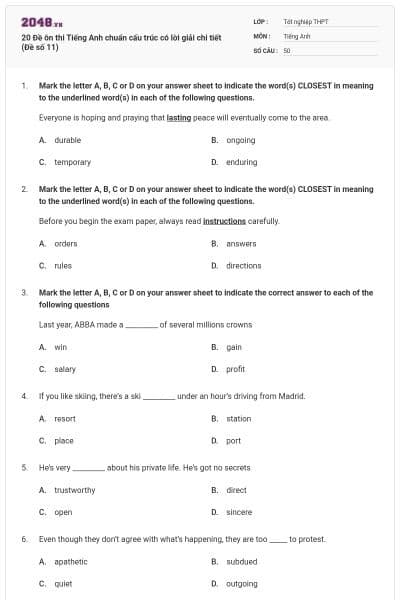 20 Đề ôn thi Tiếng Anh chuẩn cấu trúc có lời giải chi tiết (Đề số 11)