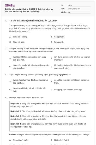 Bài tập trắc nghiệm Cuối kì 1 GDCD 9 Chân trời sáng tạo cấu trúc mới có đáp án - Bài tập tự luyện