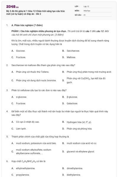 Bộ 3 đề thi giữa kì 1 Hóa 12 Chân trời sáng tạo cấu trúc mới (có tự luận) có đáp án - Đề 2