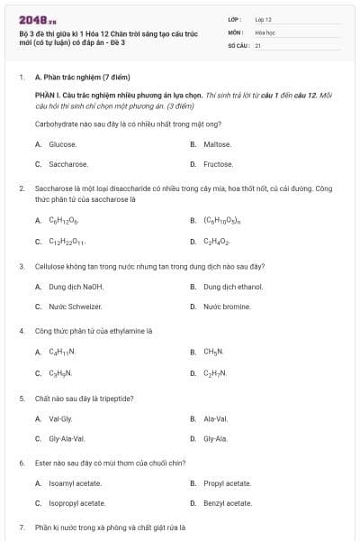 Bộ 3 đề thi giữa kì 1 Hóa 12 Chân trời sáng tạo cấu trúc mới (có tự luận) có đáp án - Đề 3