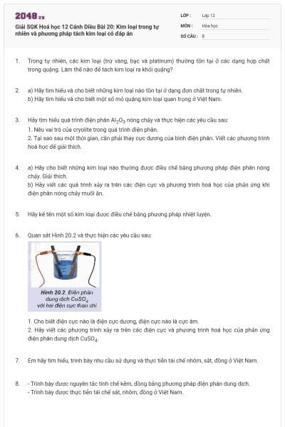 Giải SGK Hoá học 12 Cánh Diều Bài 20: Kim loại trong tự nhiên và phương pháp tách kim loại có đáp án