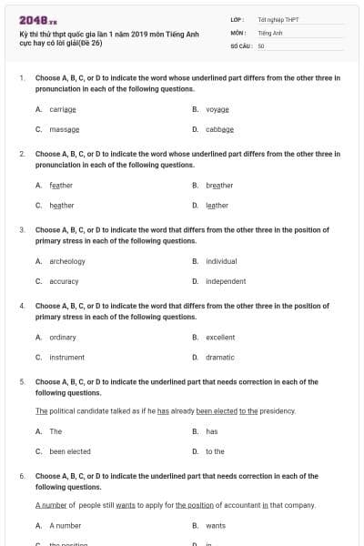 Kỳ thi thử thpt quốc gia lần 1 năm 2019 môn Tiếng Anh cực hay có lời giải(Đề 26)