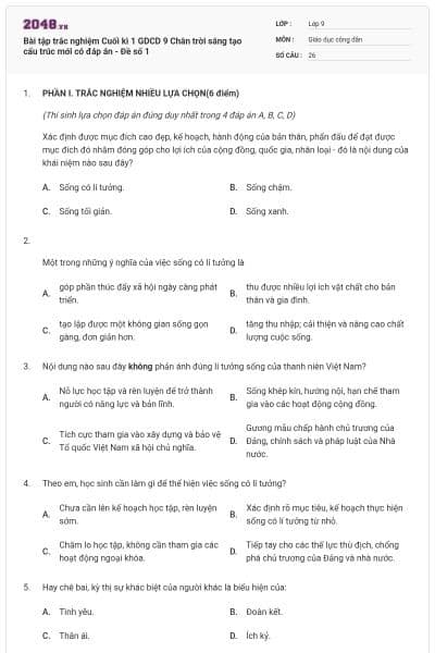 Bài tập trắc nghiệm Cuối kì 1 GDCD 9 Chân trời sáng tạo cấu trúc mới có đáp án - Đề số 1
