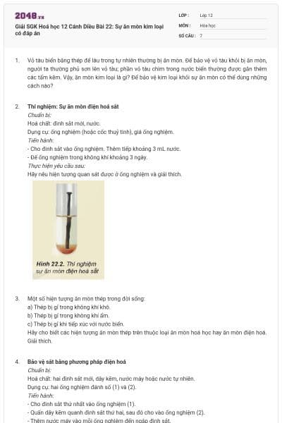 Giải SGK Hoá học 12 Cánh Diều Bài 22: Sự ăn mòn kim loại có đáp án