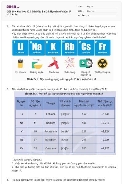 Giải SGK Hoá học 12 Cánh Diều Bài 24: Nguyên tố nhóm IA có đáp án