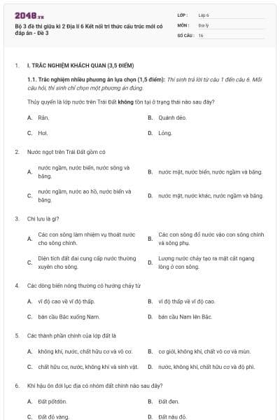 Bộ 3 đề thi giữa kì 2 Địa lí 6 Kết nối tri thức cấu trúc mới có đáp án - Đề 3