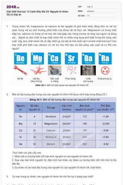 Giải SGK Hoá học 12 Cánh Diều Bài 25: Nguyên tố nhóm IIA có đáp án