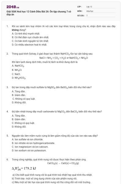 Giải SGK Hoá học 12 Cánh Diều Bài 26: Ôn tập chương 7 có đáp án