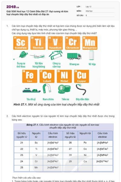 Giải SGK Hoá học 12 Cánh Diều Bài 27: Đại cương về kim loại chuyển tiếp dãy thứ nhất có đáp án