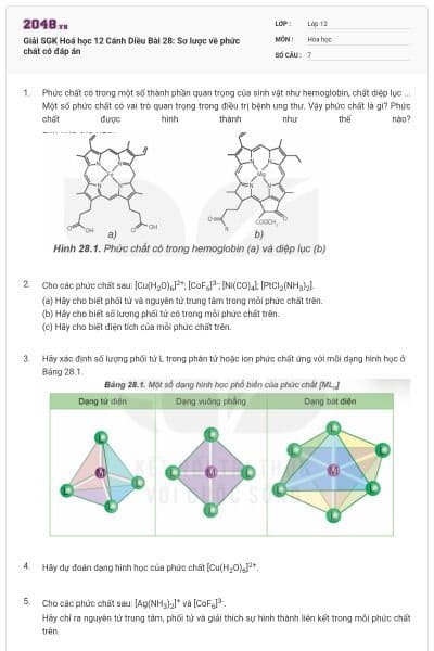 Giải SGK Hoá học 12 Cánh Diều Bài 28: Sơ lược về phức chất có đáp án