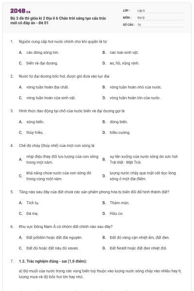 Bộ 3 đề thi giữa kì 2 Địa lí 6 Chân trời sáng tạo cấu trúc mới có đáp án - Đề 01