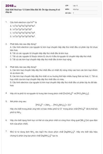 Giải SGK Hoá học 12 Cánh Diều Bài 30: Ôn tập chương 8 có đáp án