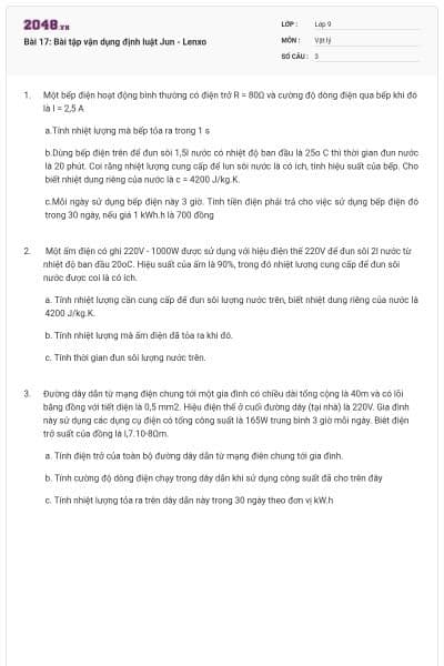 Bài 17: Bài tập vận dụng định luật Jun - Lenxo