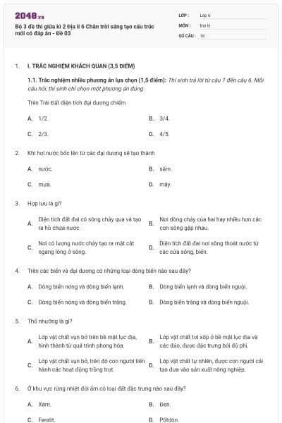 Bộ 3 đề thi giữa kì 2 Địa lí 6 Chân trời sáng tạo cấu trúc mới có đáp án - Đề 03