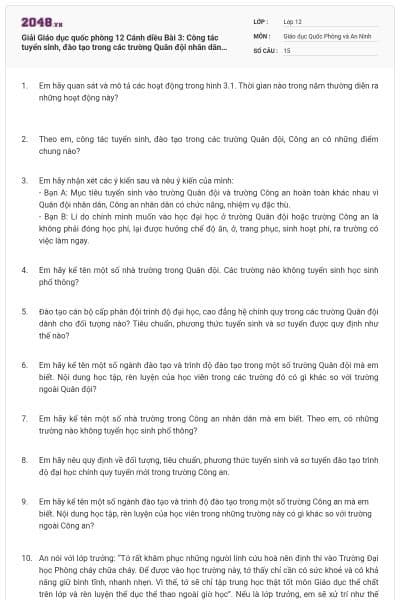 Giải Giáo dục quốc phòng 12 Cánh diều Bài 3: Công tác tuyển sinh, đào tạo trong các trường Quân đội nhân dân Việt Nam và Công an nhân dân Việt Nam có đáp án