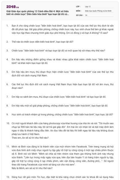 Giải Giáo dục quốc phòng 12 Cánh diều Bài 4: Một số hiểu biết về chiến lược" Diễn biến hòa bình" bạo loạn lật đổ của các thế lực thù địch đối với Cách mạng Việt Nam có đáp án
