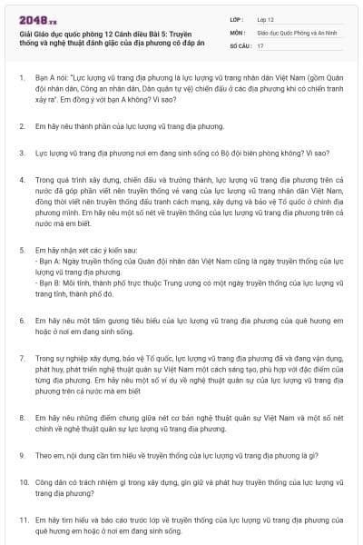 Giải Giáo dục quốc phòng 12 Cánh diều Bài 5: Truyền thống và nghệ thuật đánh giặc của địa phương có đáp án