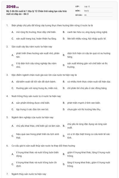 Bộ 3 đề thi cuối kì 1 Địa lý 12 Chân trời sáng tạo cấu trúc mới có đáp án - Đề 3