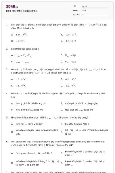 Bài 5 : Điện thế. Hiệu điện thế.