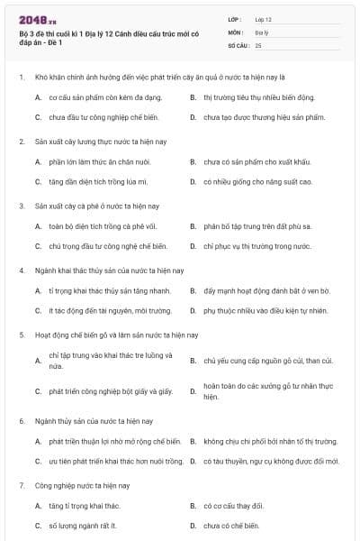 Bộ 3 đề thi cuối kì 1 Địa lý 12 Cánh diều cấu trúc mới có đáp án - Đề 1