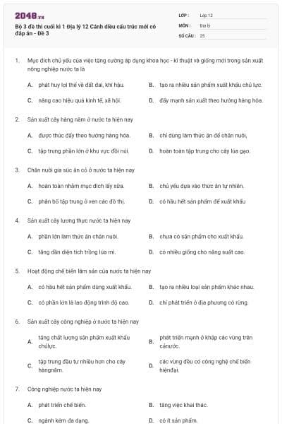 Bộ 3 đề thi cuối kì 1 Địa lý 12 Cánh diều cấu trúc mới có đáp án - Đề 3