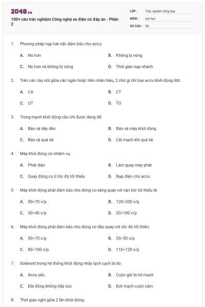 100+ câu trắc nghiệm Công nghệ xe điện có đáp án - Phần 2
