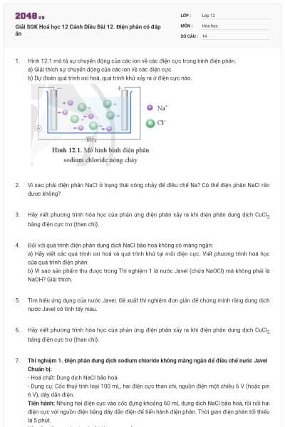Giải SGK Hoá học 12 Cánh Diều Bài 12. Điện phân có đáp án