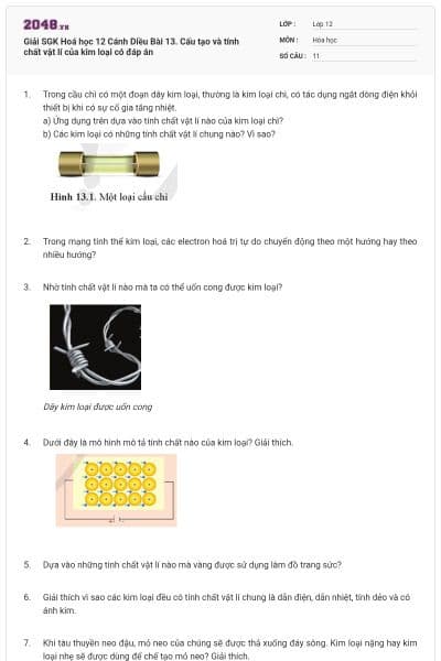 Giải SGK Hoá học 12 Cánh Diều Bài 13. Cấu tạo và tính chất vật lí của kim loại có đáp án