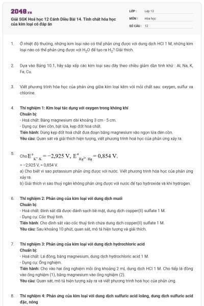 Giải SGK Hoá học 12 Cánh Diều Bài 14. Tính chất hóa học của kim loại có đáp án