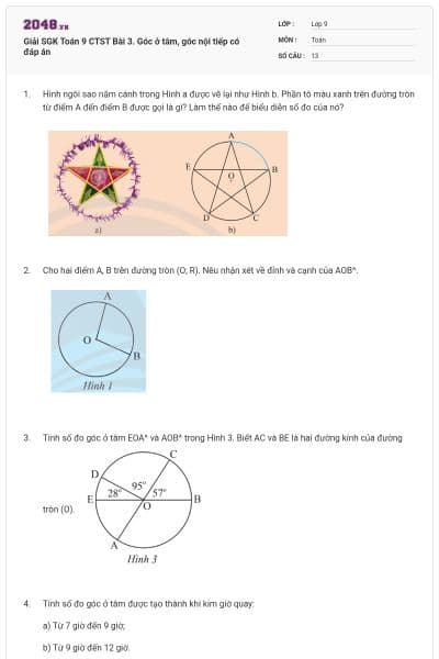 Giải SGK Toán 9 CTST Bài 3. Góc ở tâm, góc nội tiếp có đáp án