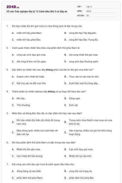25 câu Trắc nghiệm Địa lý 12 Cánh diều Bài 3 có đáp án