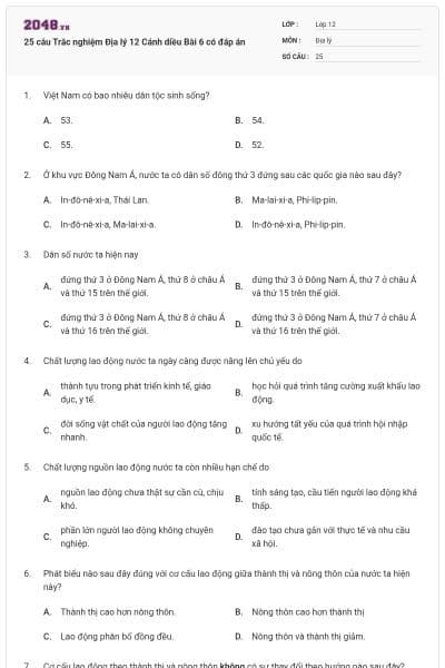 25 câu Trắc nghiệm Địa lý 12 Cánh diều Bài 6 có đáp án