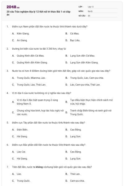 20 câu Trắc nghiệm Địa lý 12 Kết nối tri thức Bài 1 có đáp án