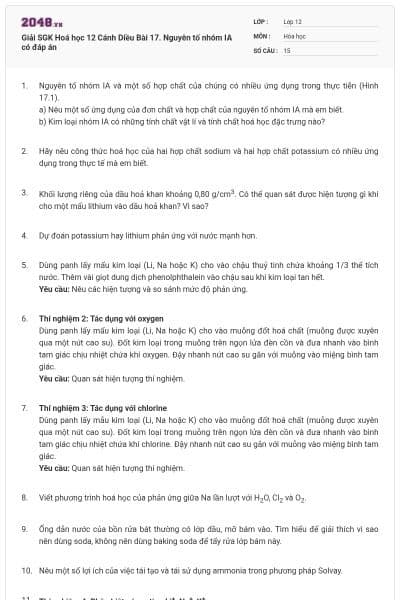 Giải SGK Hoá học 12 Cánh Diều Bài 17. Nguyên tố nhóm IA có đáp án