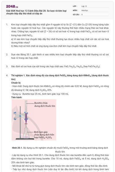 Giải SGK Hoá học 12 Cánh Diều Bài 20. Sơ lược về kim loại chuyển tiếp dãy thứ nhất có đáp án