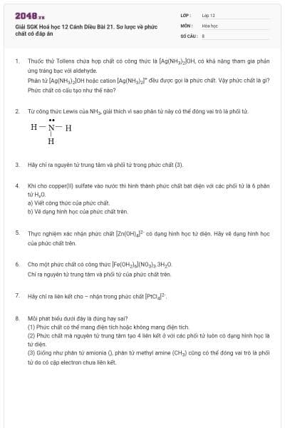 Giải SGK Hoá học 12 Cánh Diều Bài 21. Sơ lược về phức chất có đáp án