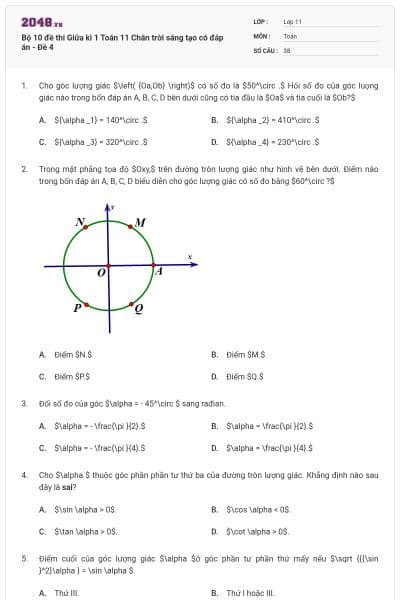 Bộ 10 đề thi Giữa kì 1 Toán 11 Chân trời sáng tạo có đáp án - Đề 4