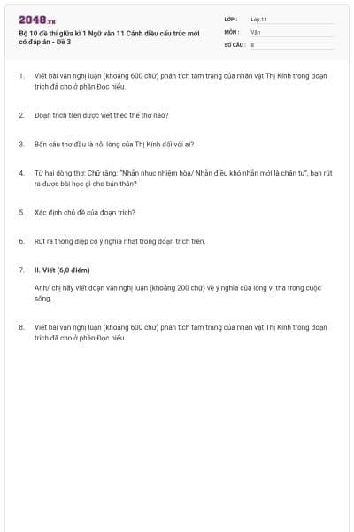 Bộ 10 đề thi giữa kì 1 Ngữ văn 11 Cánh diều cấu trúc mới có đáp án - Đề 3