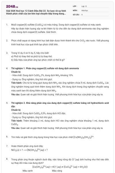 Giải SGK Hoá học 12 Cánh Diều Bài 22. Sơ lược về sự hình thành phức chất của ion kim loại chuyển tiếp trong dung dịch có đáp án