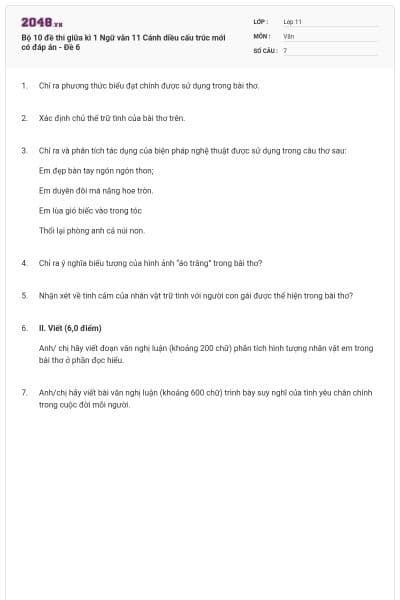 Bộ 10 đề thi giữa kì 1 Ngữ văn 11 Cánh diều cấu trúc mới có đáp án - Đề 6