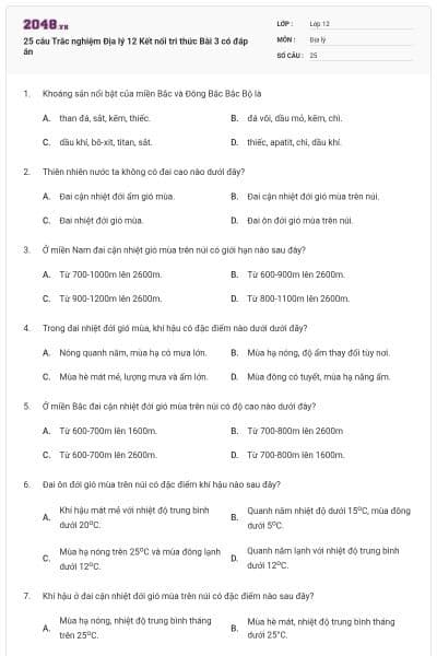 25 câu Trắc nghiệm Địa lý 12 Kết nối tri thức Bài 3 có đáp án