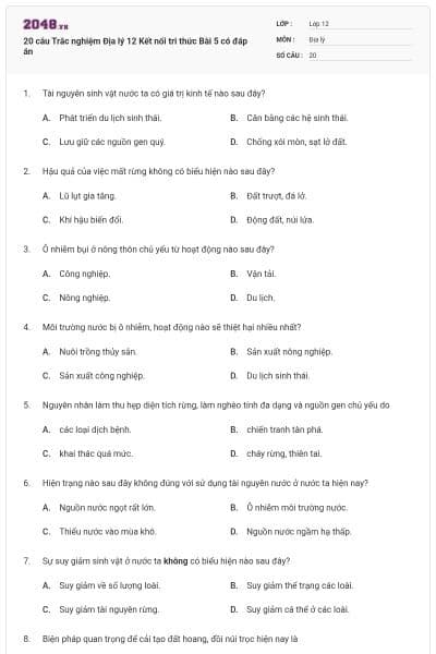 20 câu Trắc nghiệm Địa lý 12 Kết nối tri thức Bài 5 có đáp án