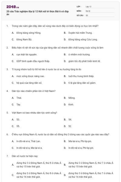 20 câu Trắc nghiệm Địa lý 12 Kết nối tri thức Bài 6 có đáp án