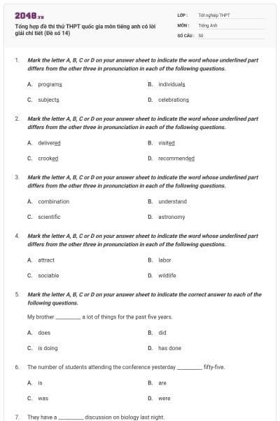 Tổng hợp đề thi thử THPT quốc gia môn tiếng anh có lời giải chi tiết (Đề số 14)