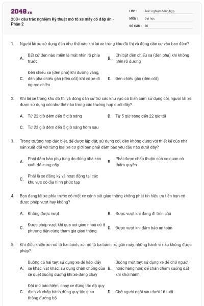 200+ câu trắc nghiệm Kỹ thuật mô tô xe máy có đáp án - Phần 2