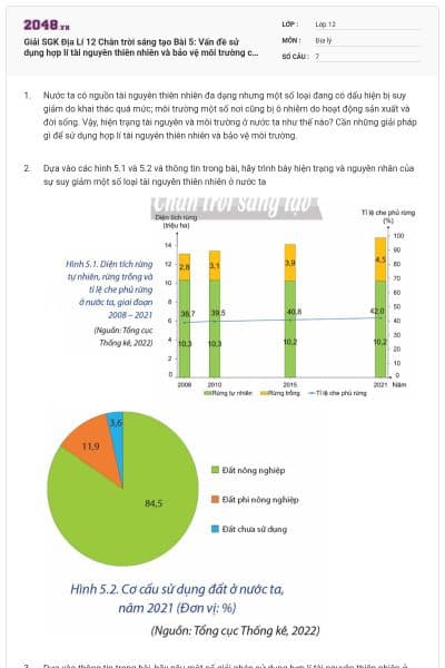 Giải SGK Địa Lí 12 Chân trời sáng tạo Bài 5: Vấn đề sử dụng hợp lí tài nguyên thiên nhiên và bảo vệ môi trường có đáp án