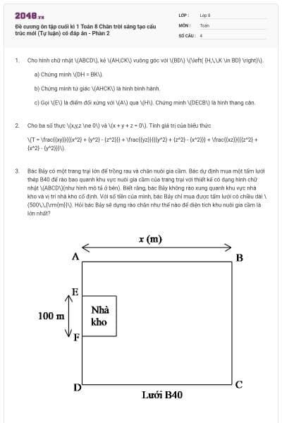 Đề cương ôn tập cuối kì 1 Toán 8 Chân trời sáng tạo cấu trúc mới (Tự luận) có đáp án - Phần 2