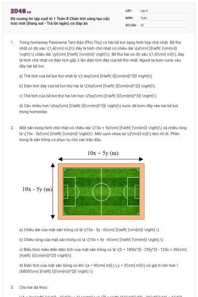 Đề cương ôn tập cuối kì 1 Toán 8 Chân trời sáng tạo cấu trúc mới (Đúng sai - Trả lời ngắn) có đáp án