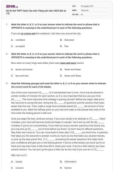 Đề thi thử THPT Quốc Gia môn Tiếng anh năm 2020 (Đề số 15)