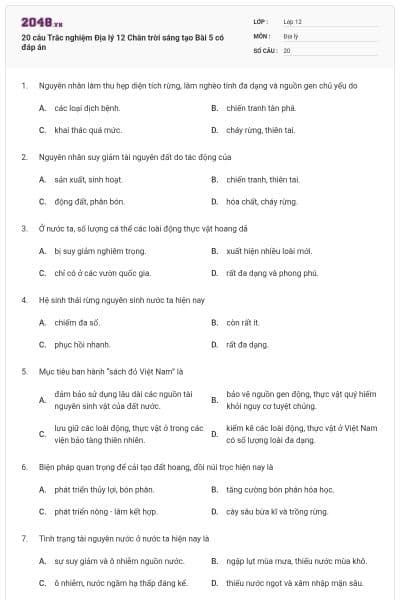 20 câu Trắc nghiệm Địa lý 12 Chân trời sáng tạo Bài 5 có đáp án